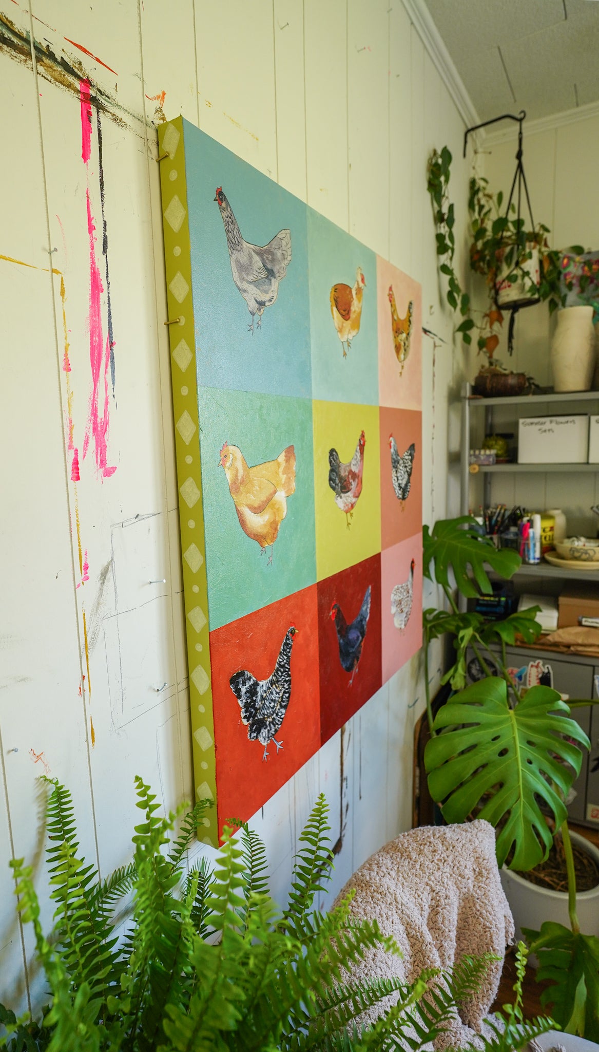 Rainbow Chickens - 36x36 Original Painting