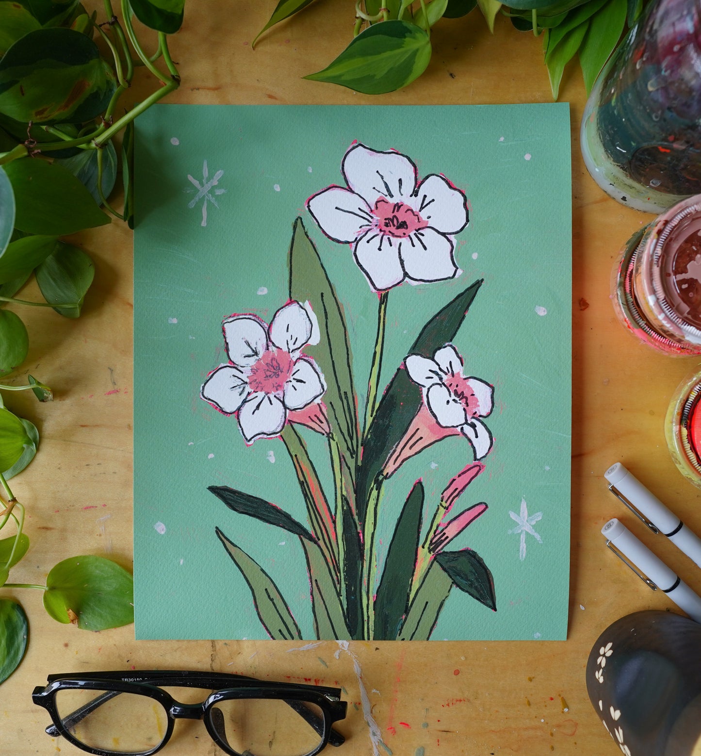 "Mint and Pink Daffodils" Archival Print