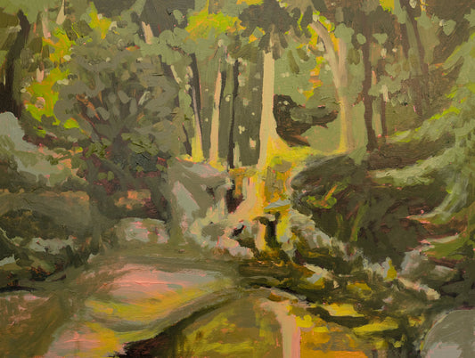 Abstract expressive acrylic painting of falls park in greenville, south carolina. Referenced from a back corner of the park. Painted in greens, yellows, and pinks, this piece is moody, bright, and full of feeling.