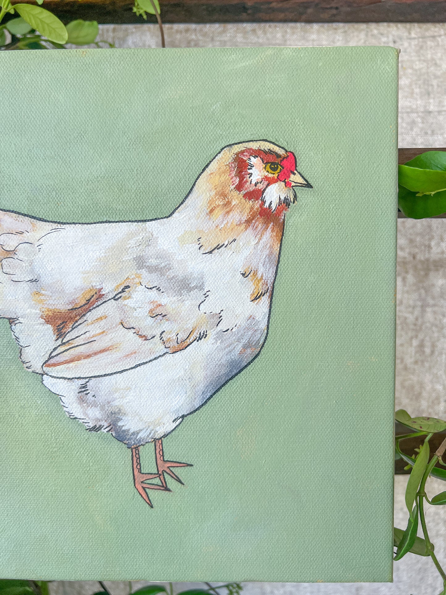 chicken painting with mint green background detail