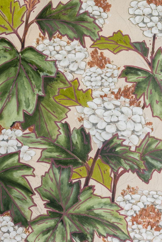 Abstract expressive acrylic painting of oak leaf hydrangea flowers on a raw canvas background