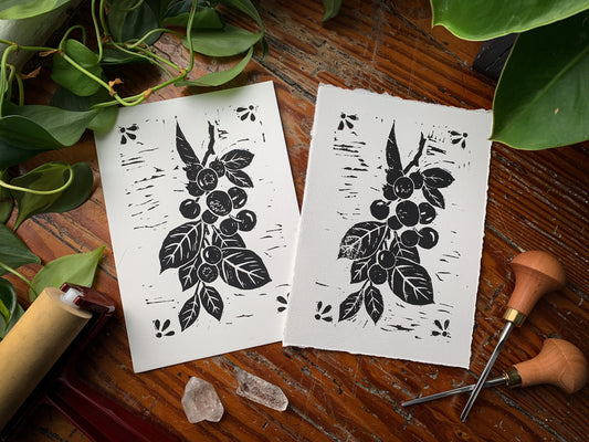 Original Linocut block print of blueberry branch
