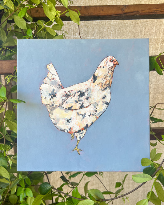 chicken painting with blue background and greenery surrounding