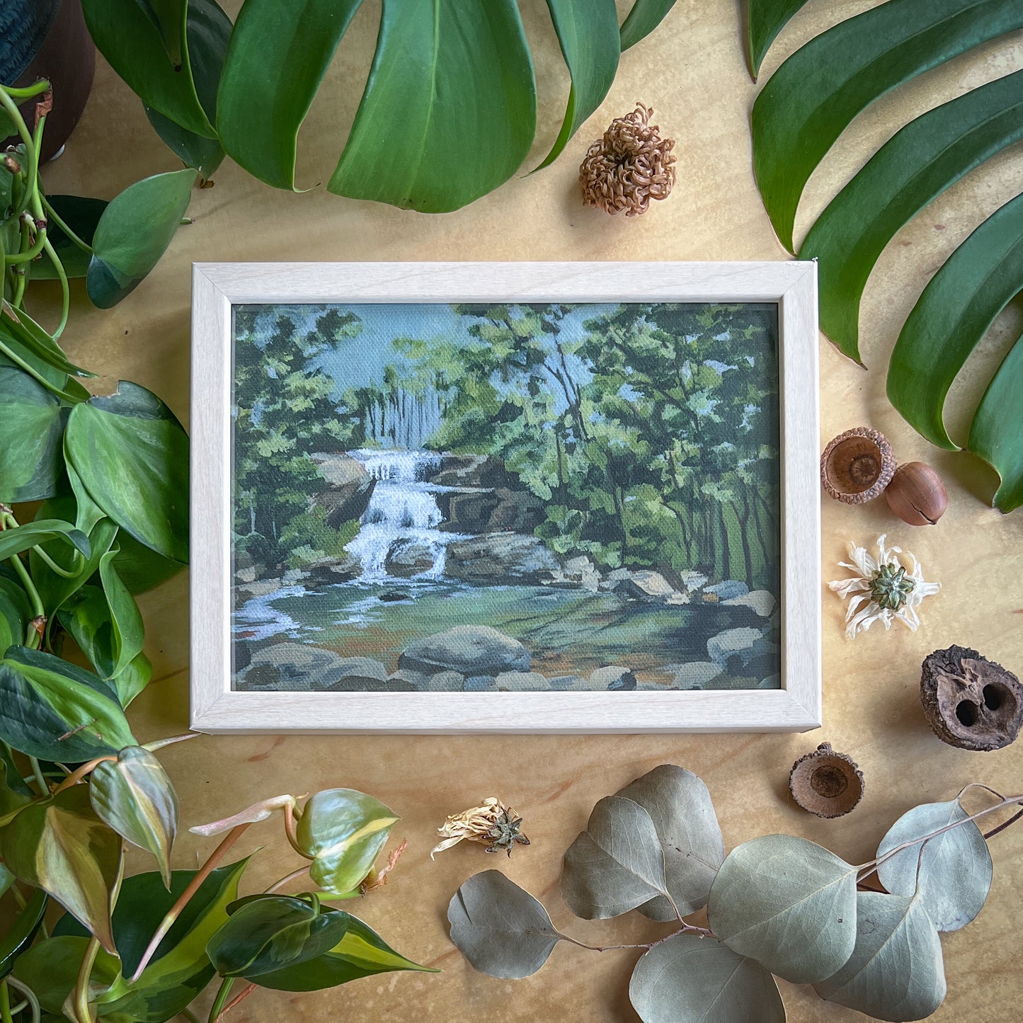 Canvas print of a waterfall landscape in a light wood frame displayed on a wood table with plants and other natural items scattered around it