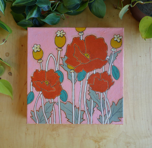 Retro Poppies - 10x10 Original Painting