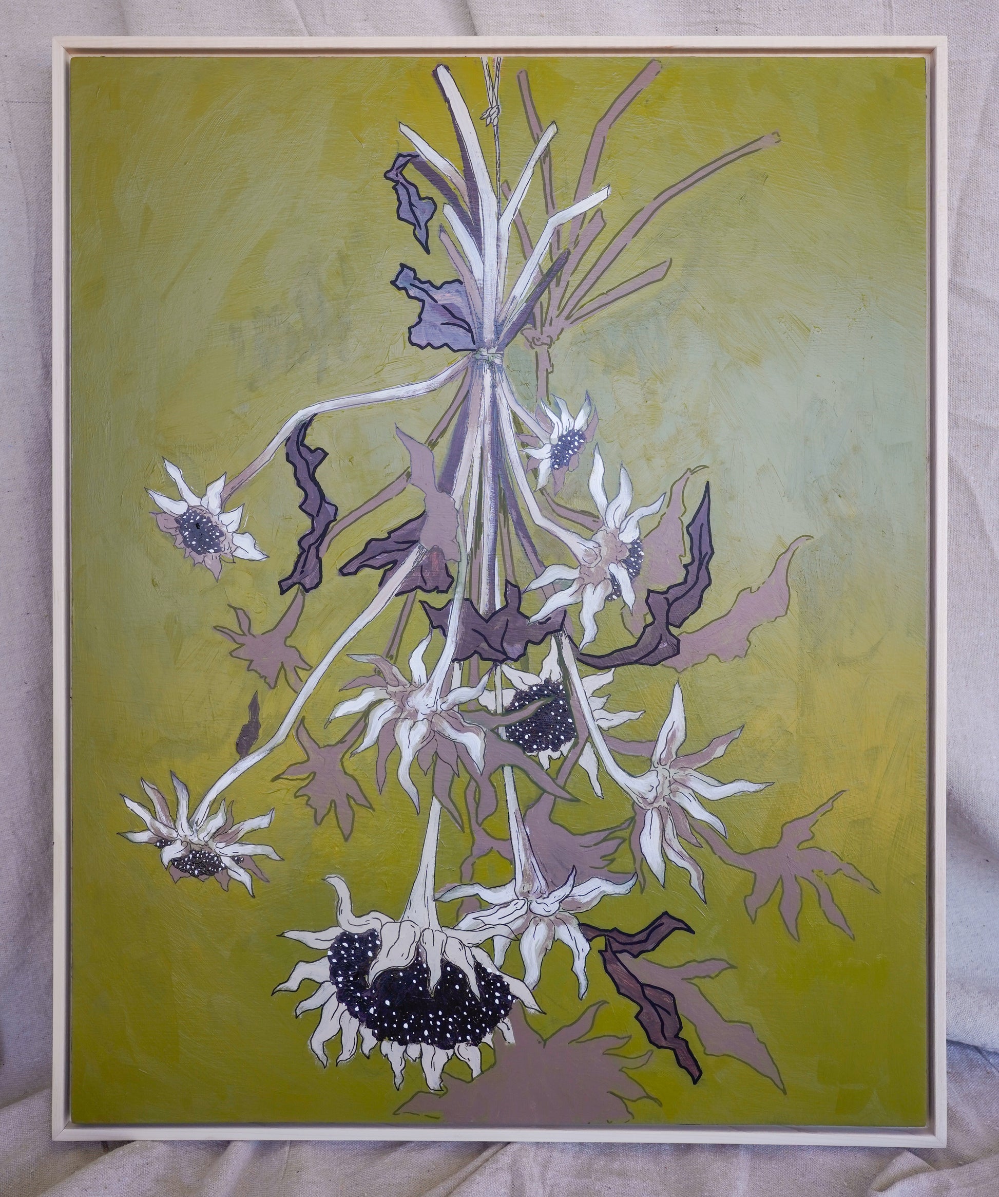 Original acrylic painting of dried sunflowers on a green background with a natural maple floater frame