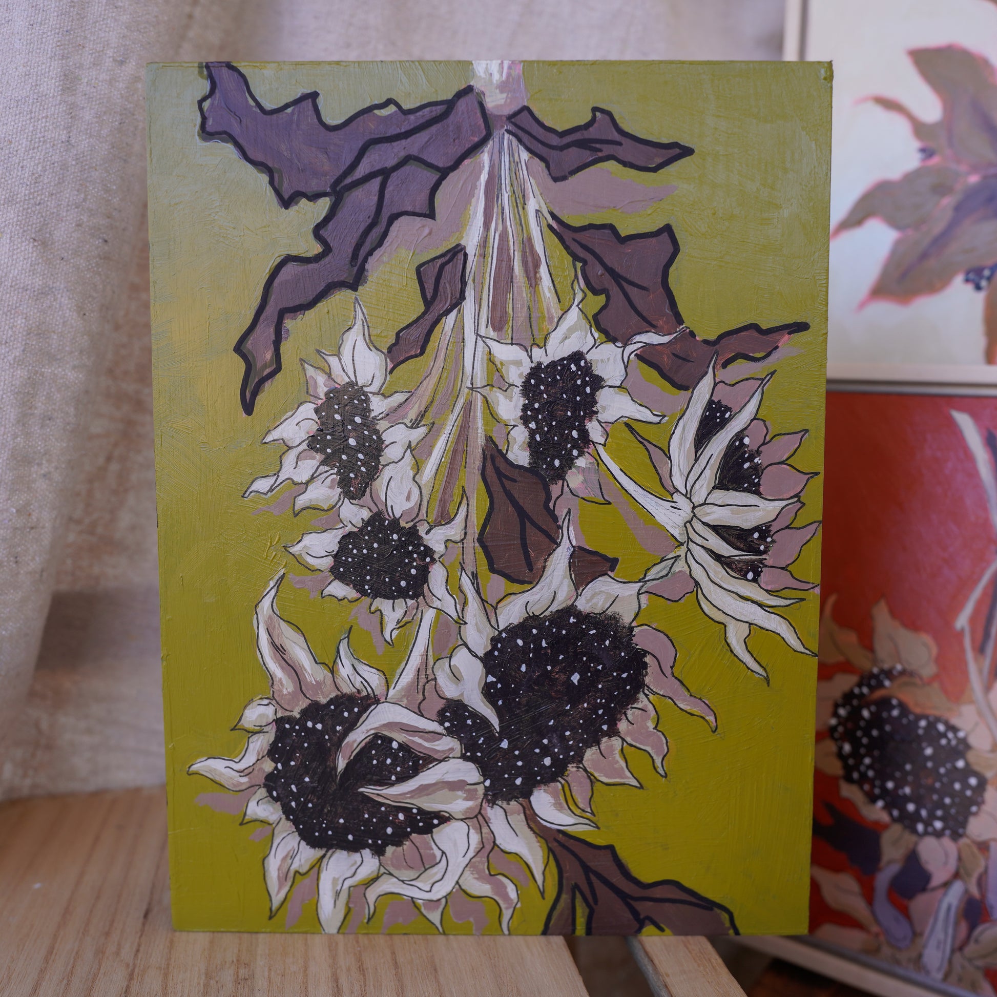 Original acrylic painting of dried sunflowers with green background