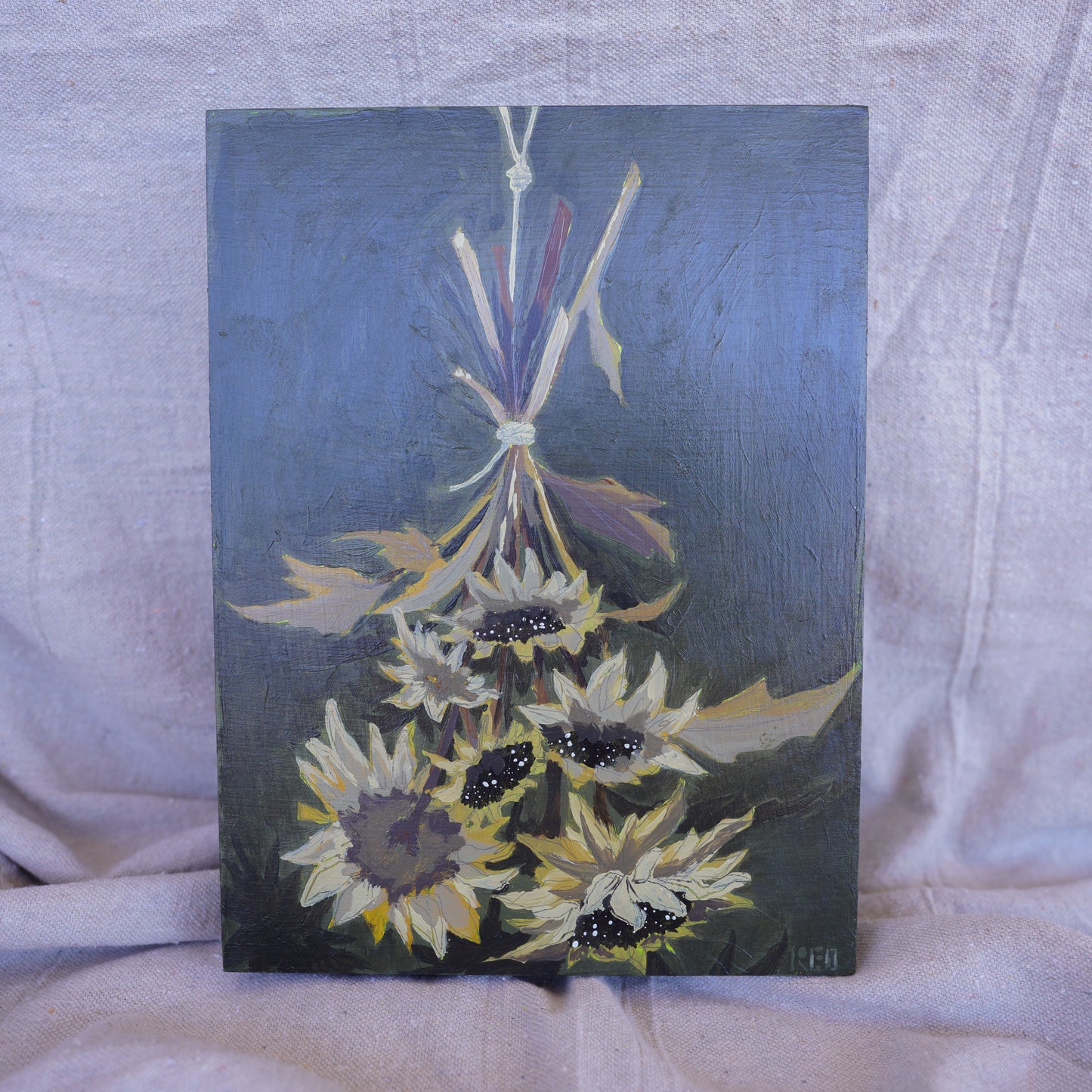 Original acrylic painting of dried sunflowers with dark green background
