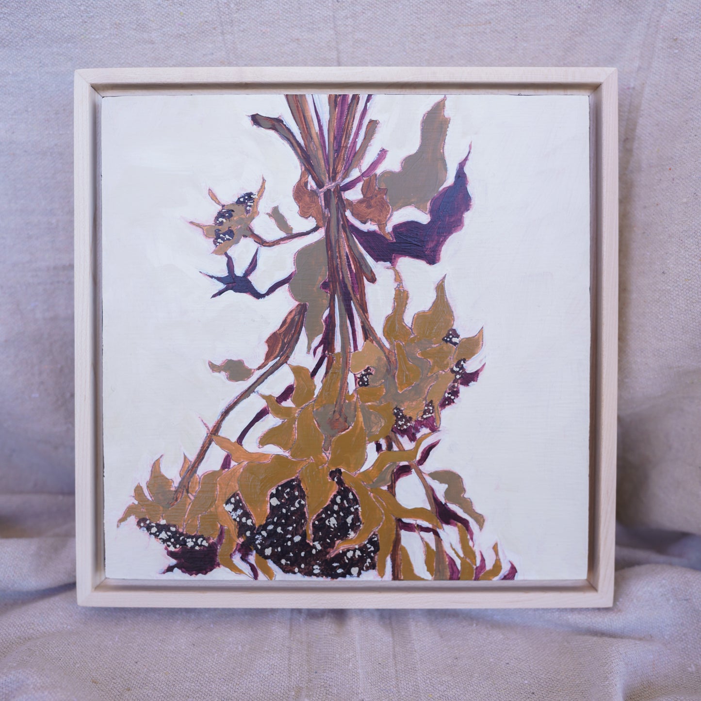 Original acrylic painting of dried sunflowers with a cream background in a natural maple floater frame