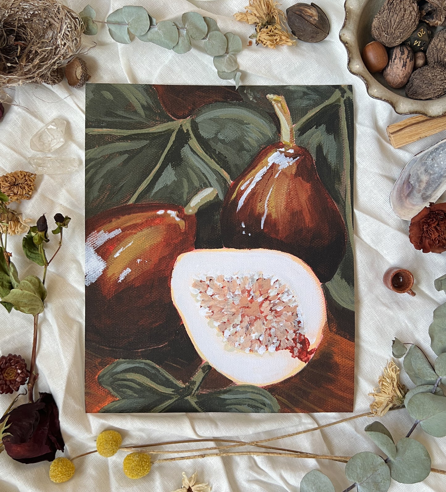 Art print of 3 figs, one as a cross section, on a brown table top with leaves. Print is sitting on a white linen sheet surrounded by dried plants and other nature items.