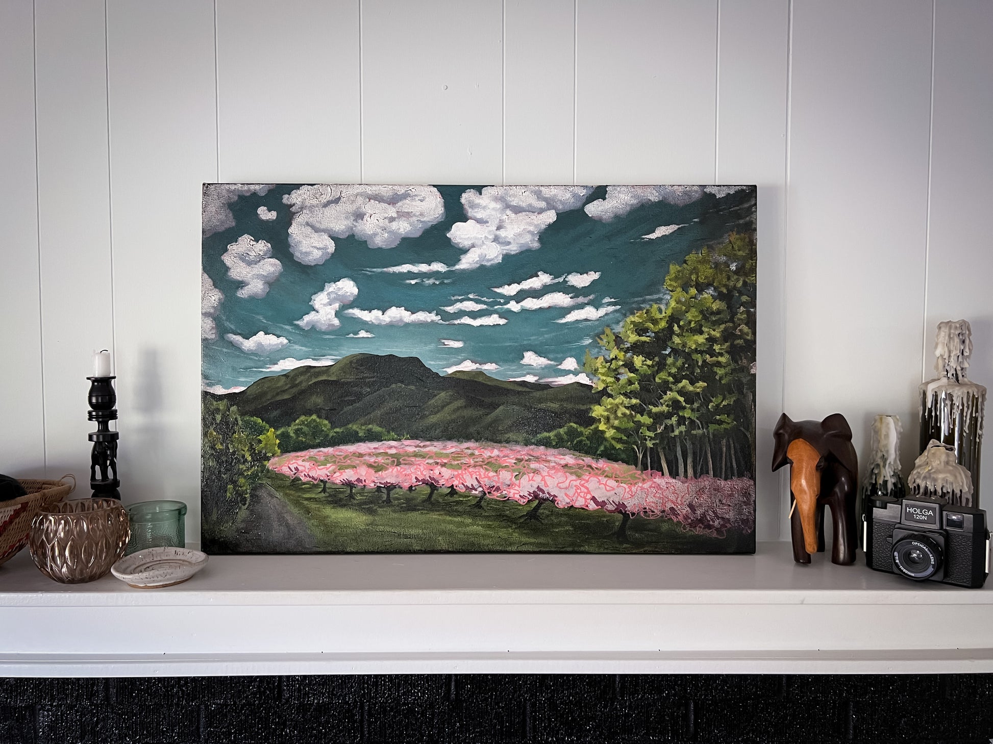 hogback mountain road original acrylic painting on canvas of south carolina mountain in the upstate foot hills with peach trees in bloom and a beautiful blue cloudy sky
