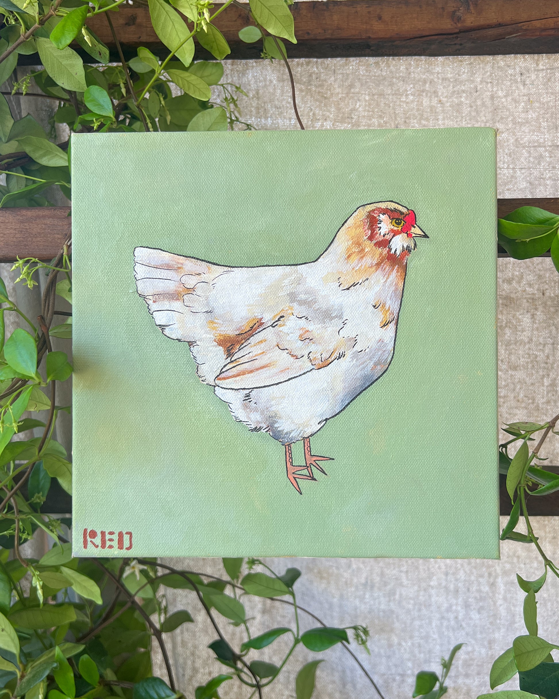 chicken painting with mint green background and greenery surrounding