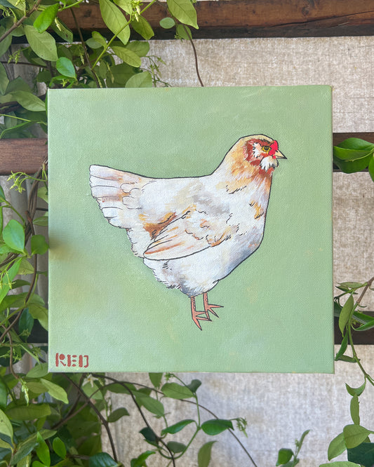 chicken painting with mint green background and greenery surrounding