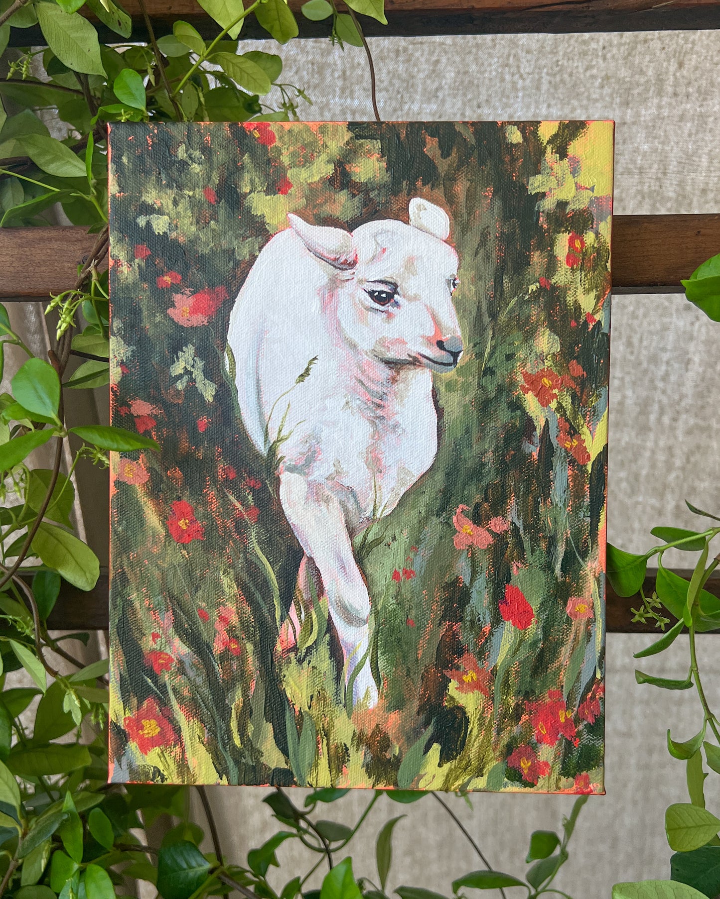 Lamb painting with greenery