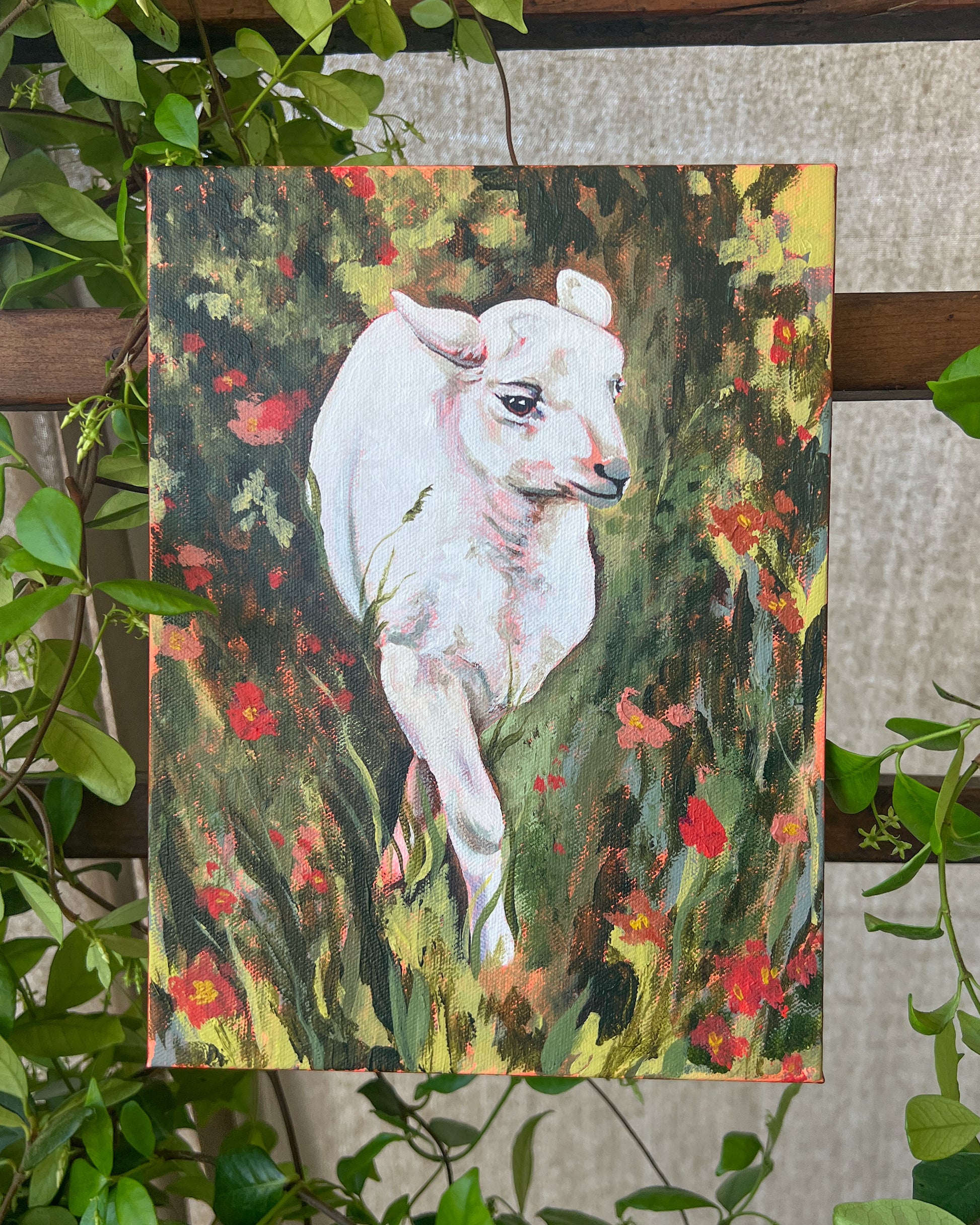 Lamb painting with greenery