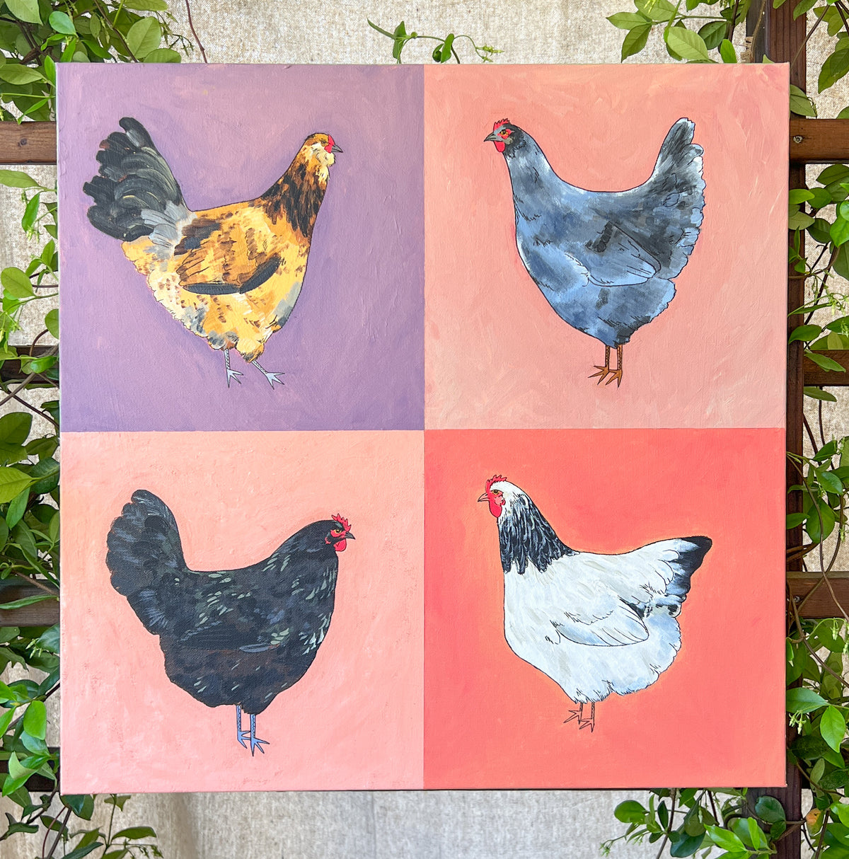 Chicken grid painting with colorful backgrounds and greenery surrounding