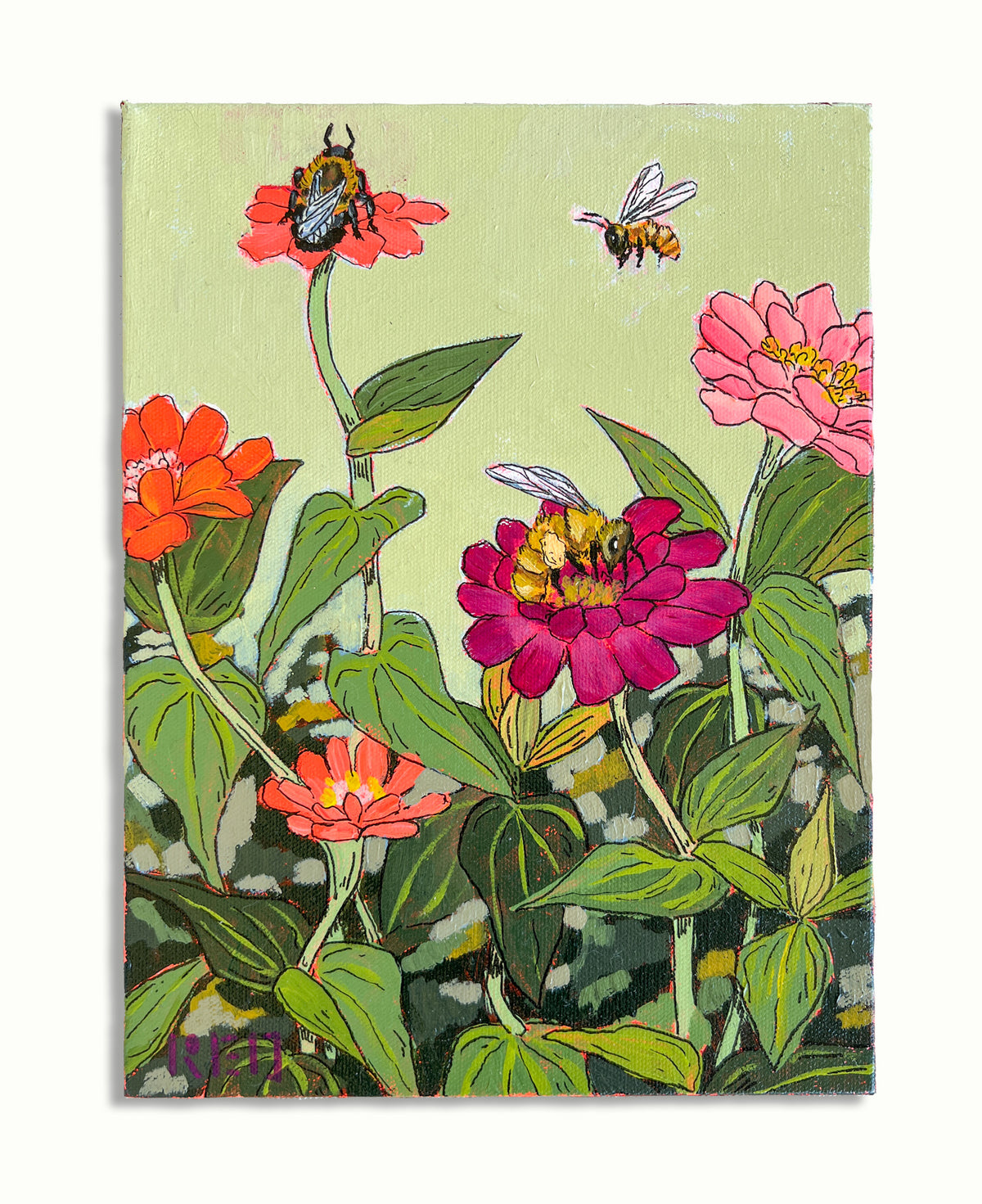 Pollinators and Zinnia's - 9x12 Original