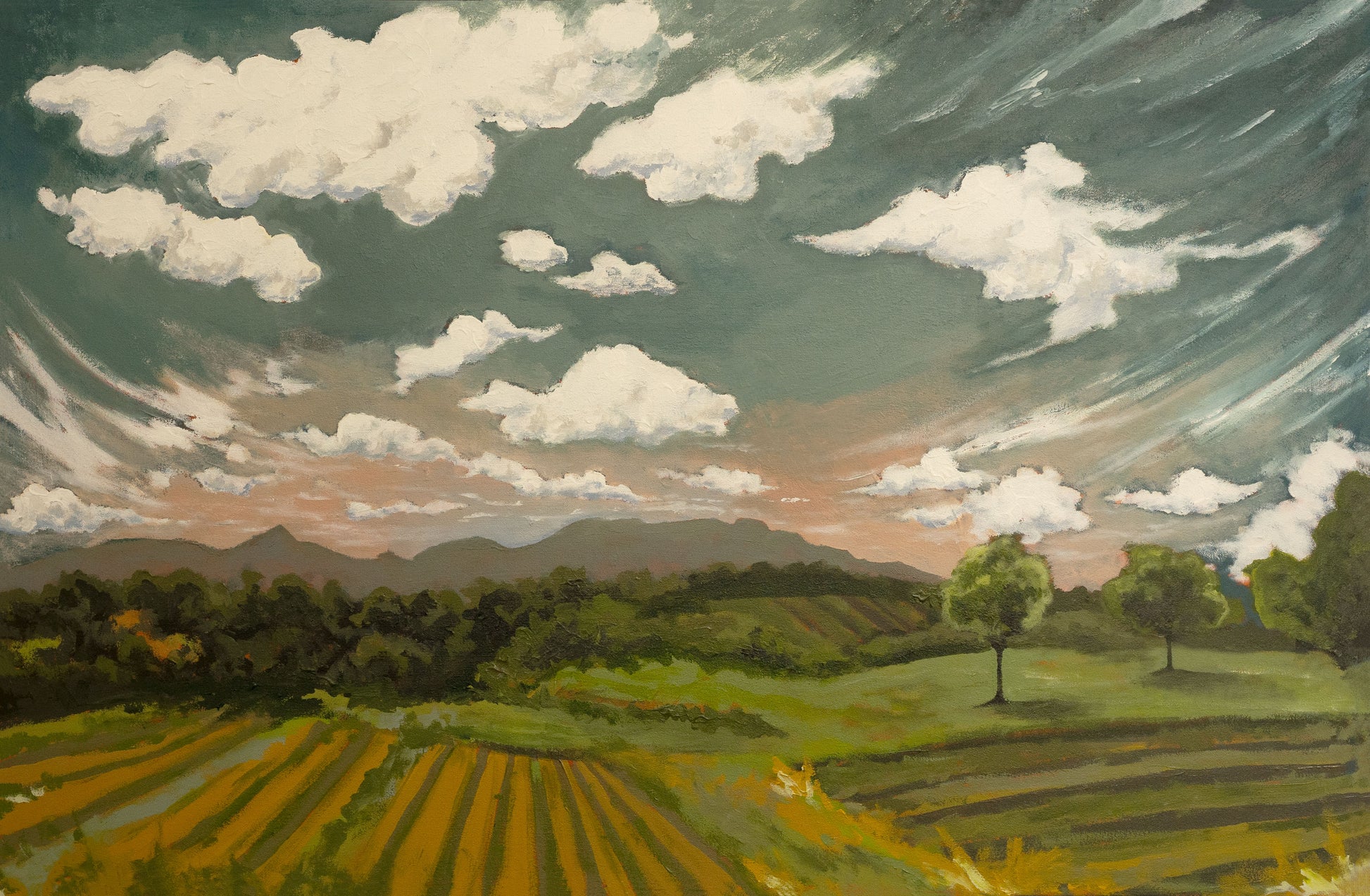 Painting of farm fields, foothills in South Carolina, hogback mountain, and fluffy clouds in a pink and blue ski