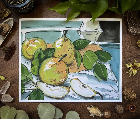 pear still life no. i - a horizontal canvas giclée print of a gouache pear still life painting
